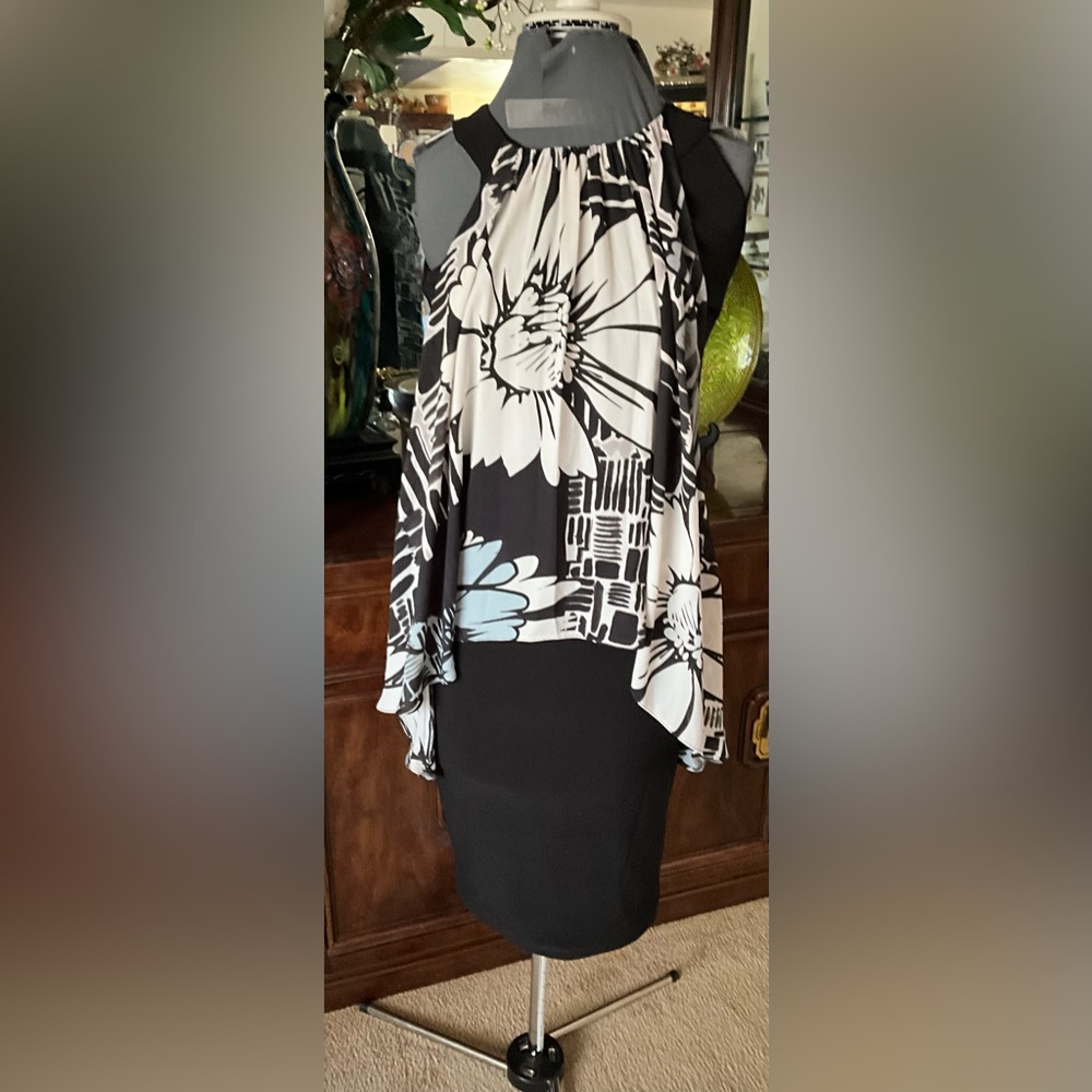 Joseph Ribkoff Black and White Sleeveless Midi Dress with Draped Print Overlay